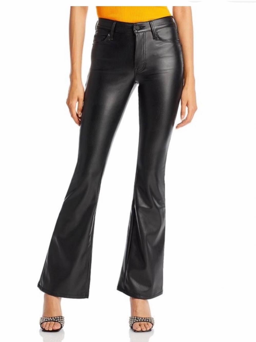 Mother The Weekender Heel Mid-Rise Faux-Leather Flare Jeans Wax On Wax Off